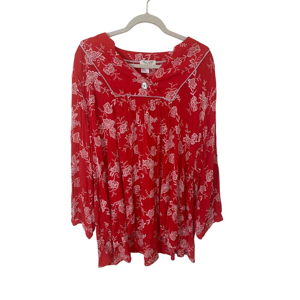 Tru Luxe Red‎ Floral Embroidered Boho Long Sleeve Tunic XL EUC Pleated chest